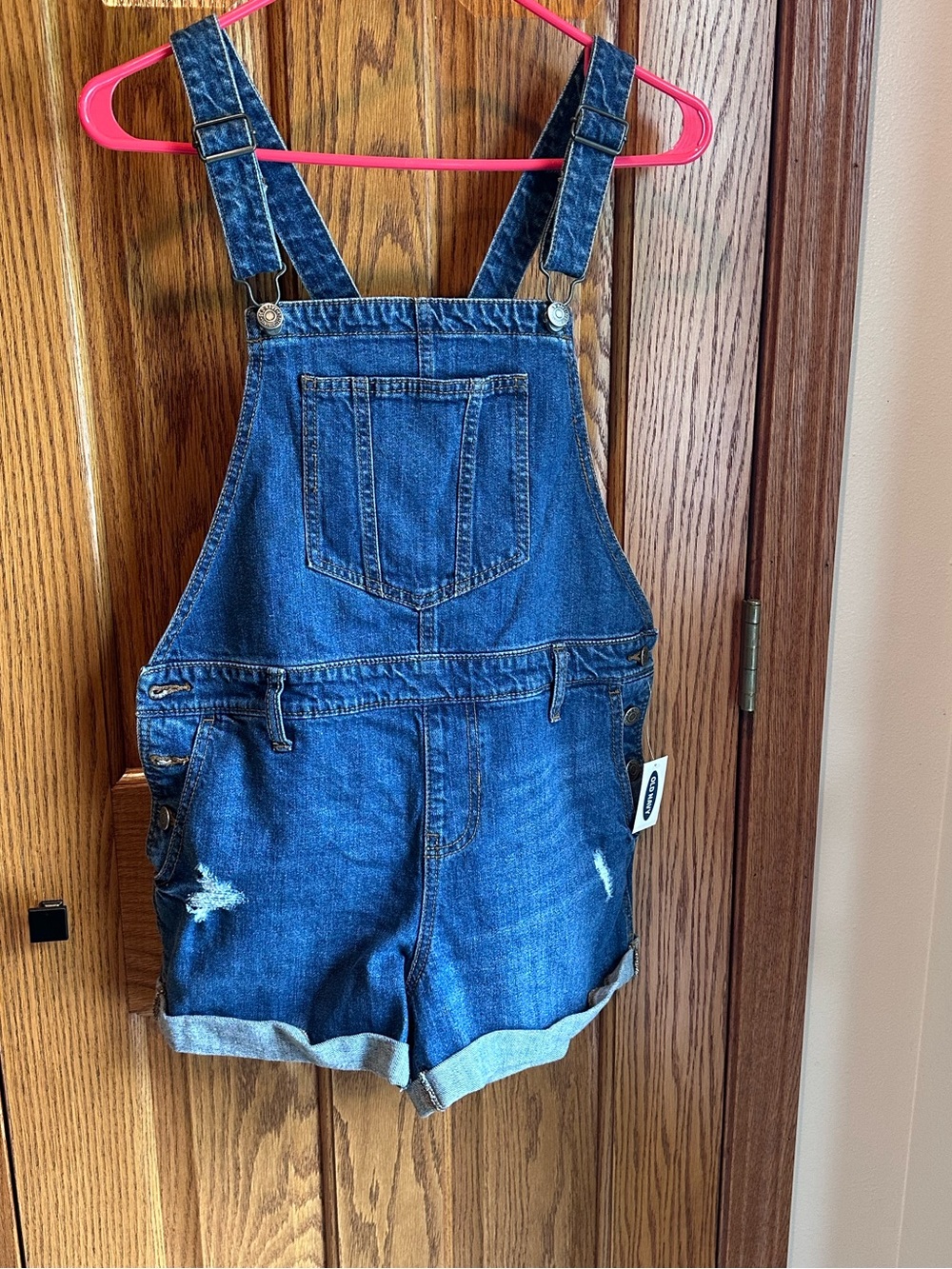 Old Navy Denim Shortalls Distressed Bib Shorts Size Small New NWT Cuffed Hem